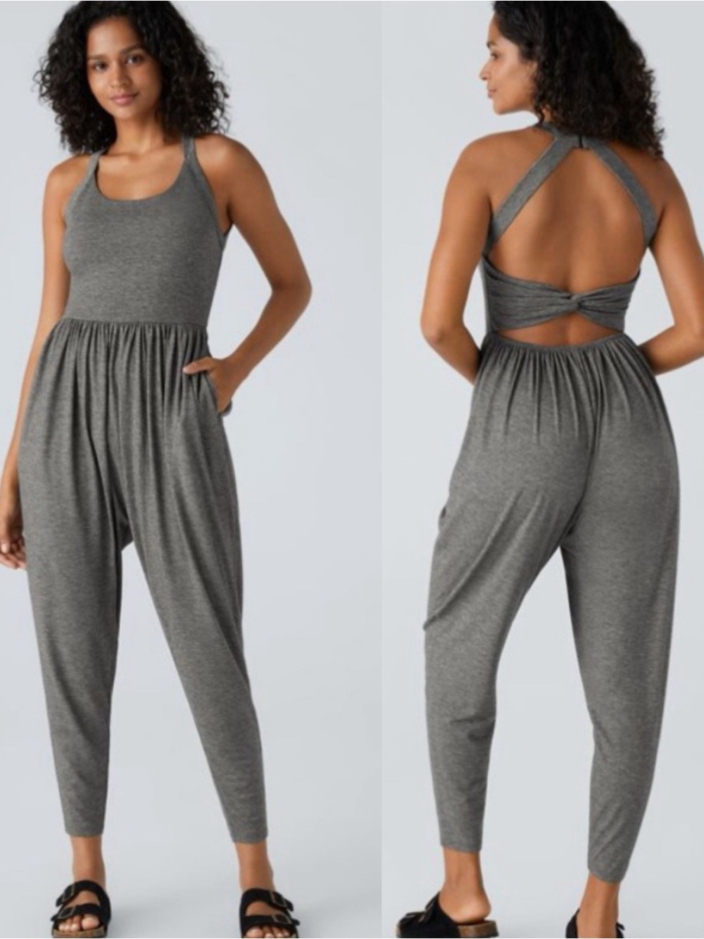 Halara Backless U Neck Twisted Harem Gray Jumpsuit w Pockets Sz M 💚🎀